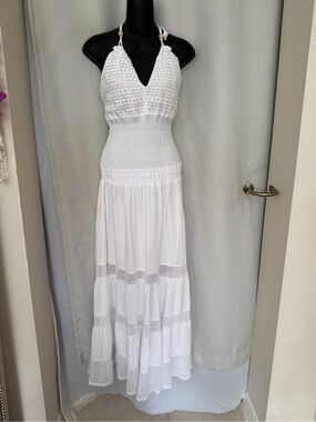 Boho White Crochet Halter Maxi Dress